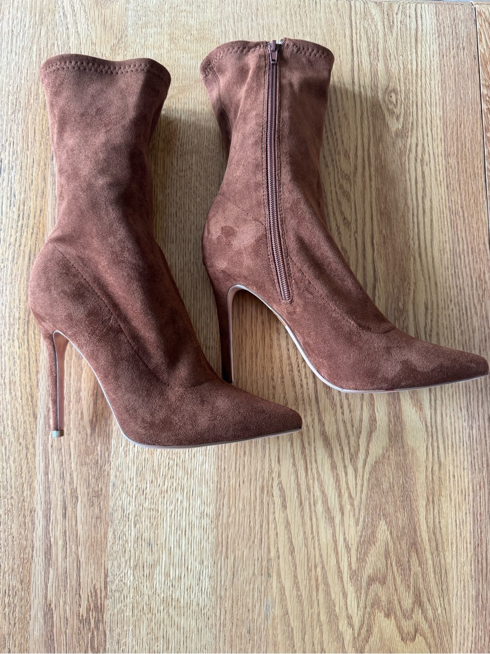 Olivia James Faux Suede Brown Pointed-Toe Stiletto Soft Side Zip Boots